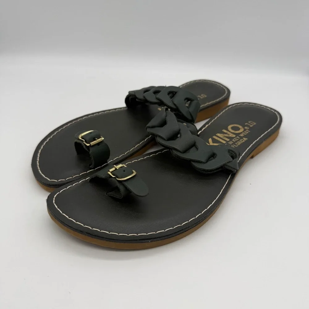 Kino Sandals Key West Florida Black Leather Braided Toe Loop Slides Womens 10